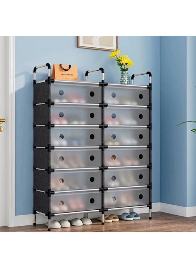 Wide shoe organizer for income, 6-tier tall shoe rack with non-woven fabric cover, holds 20-22 pairs, freestanding storage unit with dustproof cover, magnetic door, sporty frame - transparent - Image 1